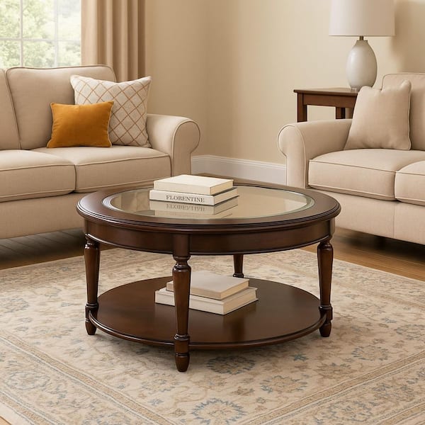HOME IMPORTS EMPORIUM 48 in. Brown Oval Glass Top Coffee Table with Storage Shelf