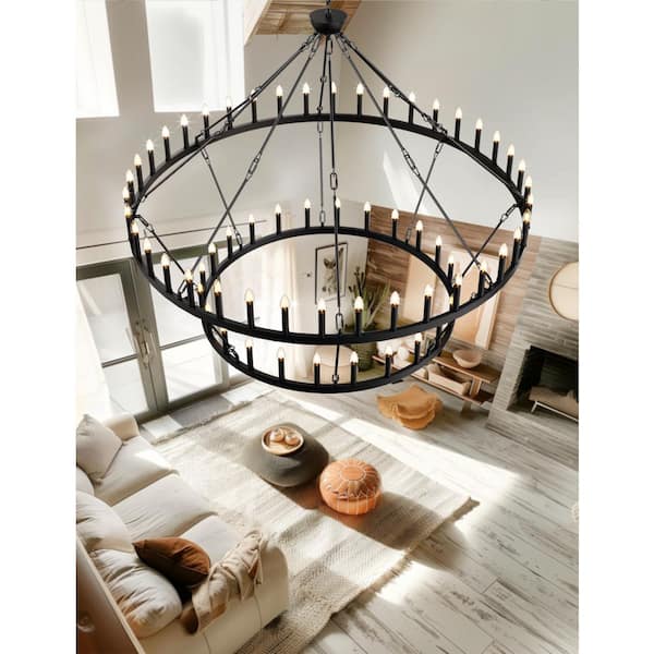 Briignite 70 in. 64-Light Black Farmhouse Wagon Wheel Chandelier