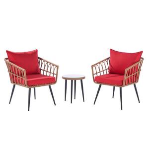 3-Piece Wicker Sofa And Table Outdoor Bistro Set, All-Weather with Red Cushions