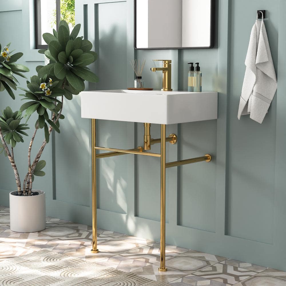 White Ceramic Rectangular Console Sink with Gold Legs
