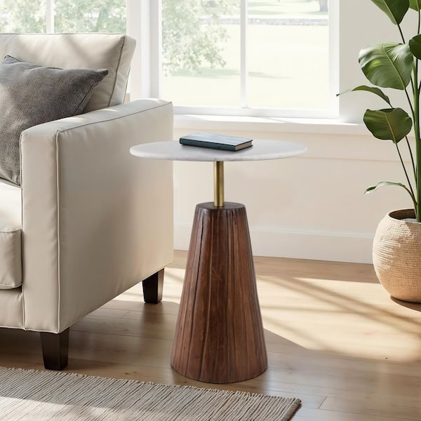 Liv & Skye 17 in. White/Brown Round Wood Fluted Base Marble Top End Table