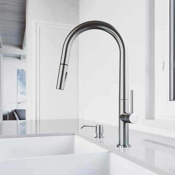 VIGO Greenwich Single Handle Pull-Down Sprayer Kitchen Faucet Set with Soap Dispenser in Stainless Steel