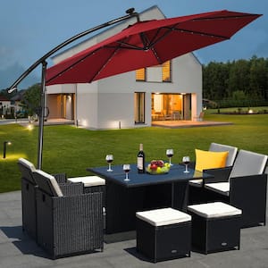 10 ft. Aluminum Cantilever Solar Tilt Patio Umbrella in Burgundy with LED Lights and Stand