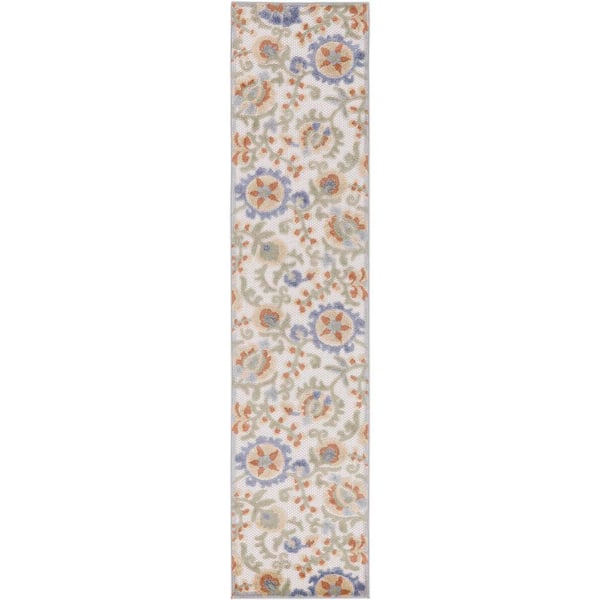 Nourison Aloha Ivory Blue doormat 2 ft. x 8 ft. Floral Contemporary Indoor/Outdoor Area Rug