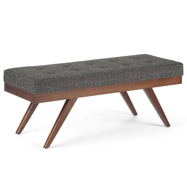 Simpli Home Pierce 48 in. Mid Century Modern Ottoman Bench in Dark Grey Tweed Fabric