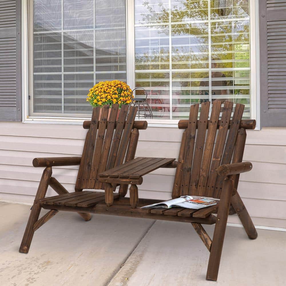 2-Seater Wooden Outdoor Adirondack Chairs, Patio Bench Set with Table, Outd