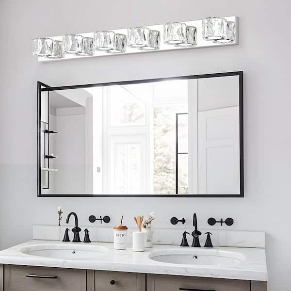 Nyela 41 in. 6-Light Chrome Crystal LED Bathroom Vanity Light with Dimmable 6000K Cool White Light