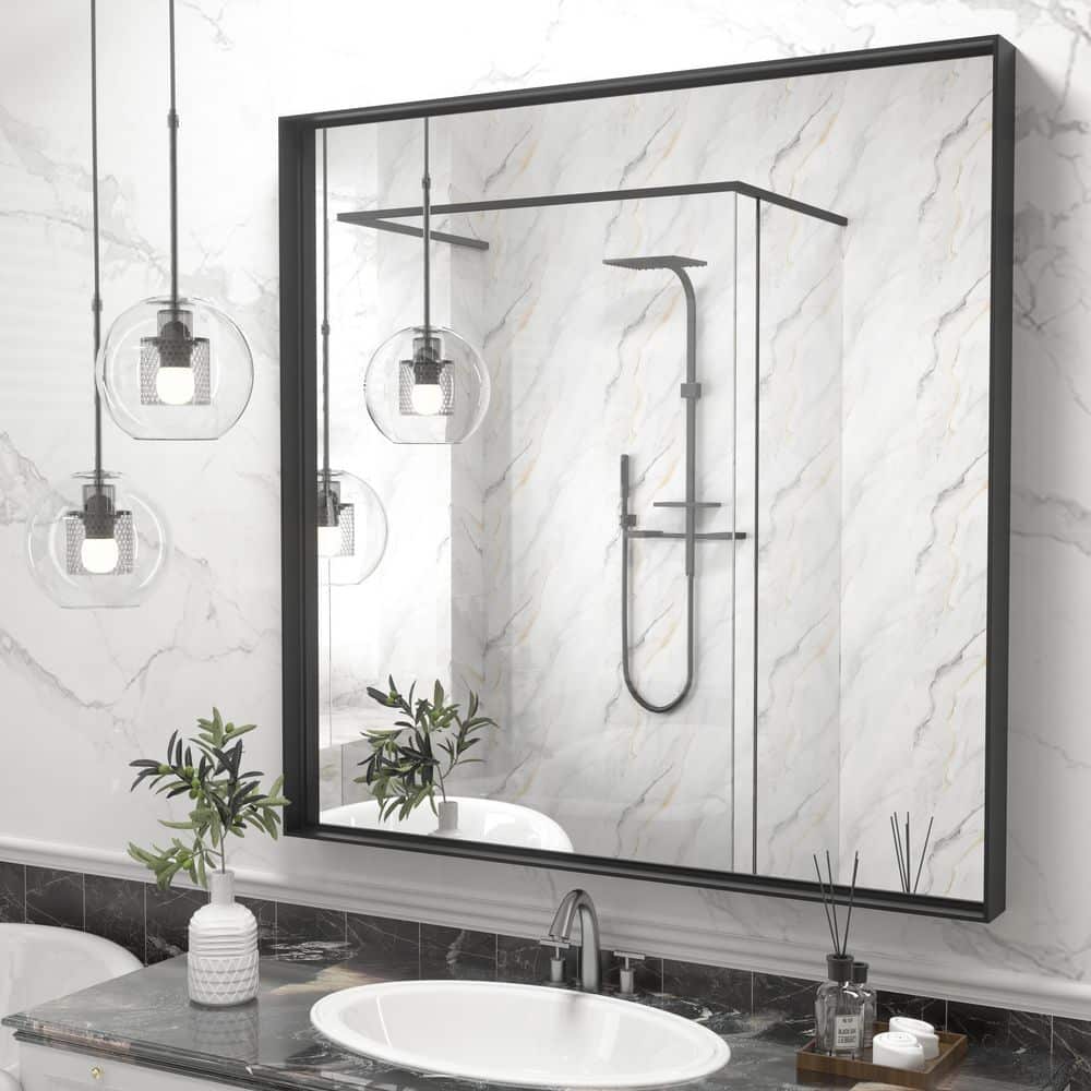 36 in. W x 36 in. H Square Aluminum Alloy Framed and Tempered Glass Wall Bathroom Vanity Mirror in Matte Black price history on PriceWatchPro