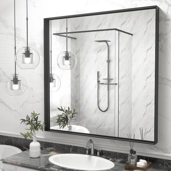 36 in. W x 36 in. H Square Aluminum Alloy Framed and Tempered Glass Wall Bathroom Vanity Mirror in Matte Black