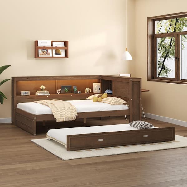 Tes Brown Wood Frame Full Size Daybed with Trundle, LED Light, USB Charging Station, Storage Shelves, Antique Wood Color