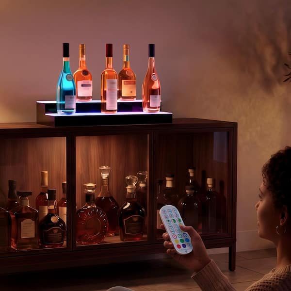 LED Lighted Liquor Bottle Display, 3.9 in. H x 7.9 in. W, 16-Bottles Black and White Acrylic Shelf for Home Bar