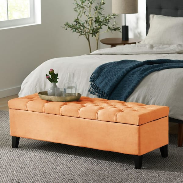 CHRISTOPHER KNIGHT HOME Axis Modern Upholstered Velvet Storage Ottoman Bedroom Bench with Tufting, Orange