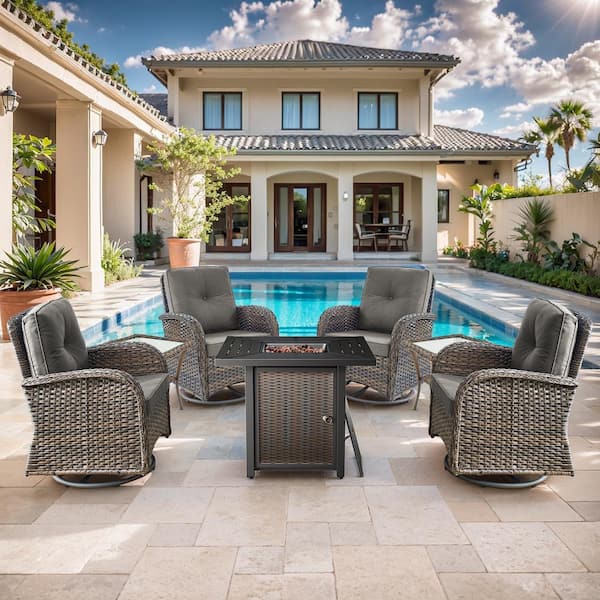 Brown 7-Piece Wicker Patio Fire Pit Set, Outdoor 4-Person Seating Set with Olefin Gray Cushions and Swivel Rockers