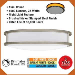 15 in. Brushed Nickel Orbit LED Flush Mount Ceiling Light Night Light 1600 Lumens Adjust Color Temperatures
