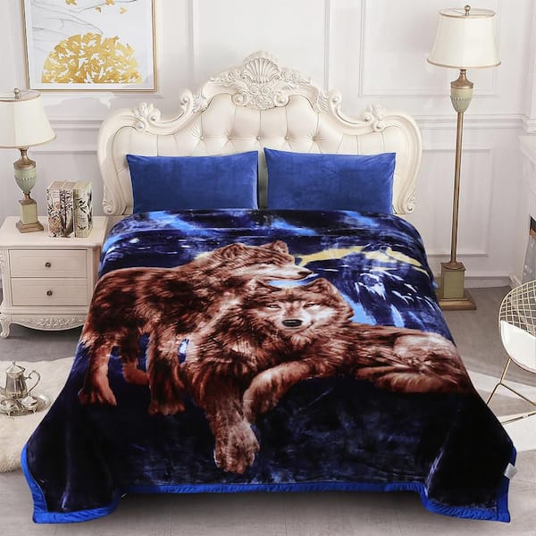 JML Navy Wolf 2-Ply Reversible Polyester Fleece Mink 85 in. x 95