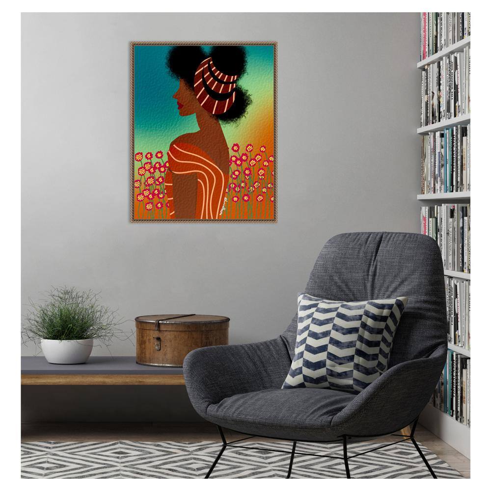 Bronze Framed Lady in Flower Field Canvas Art Print