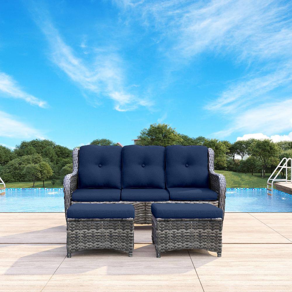 JOYSIDE Wicker Outdoor Patio Sofa Sectional Set with Blue Cushions and