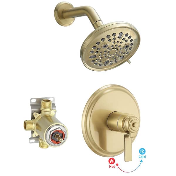 BWE Single Handle 1-Spray Round Rain Shower Faucet Set 1.8 GPM with High Pressure Shower Head in Brushed Gold