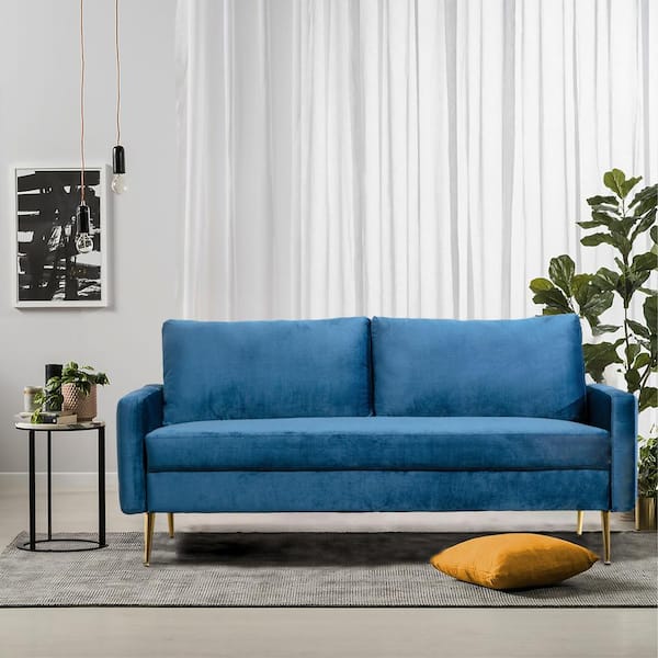 70in. Straight Arm Velvet Modern 2-Seater Sofa in Blue with Golden Metal Legs SFQD1020-SB-1 - The Home Depot
