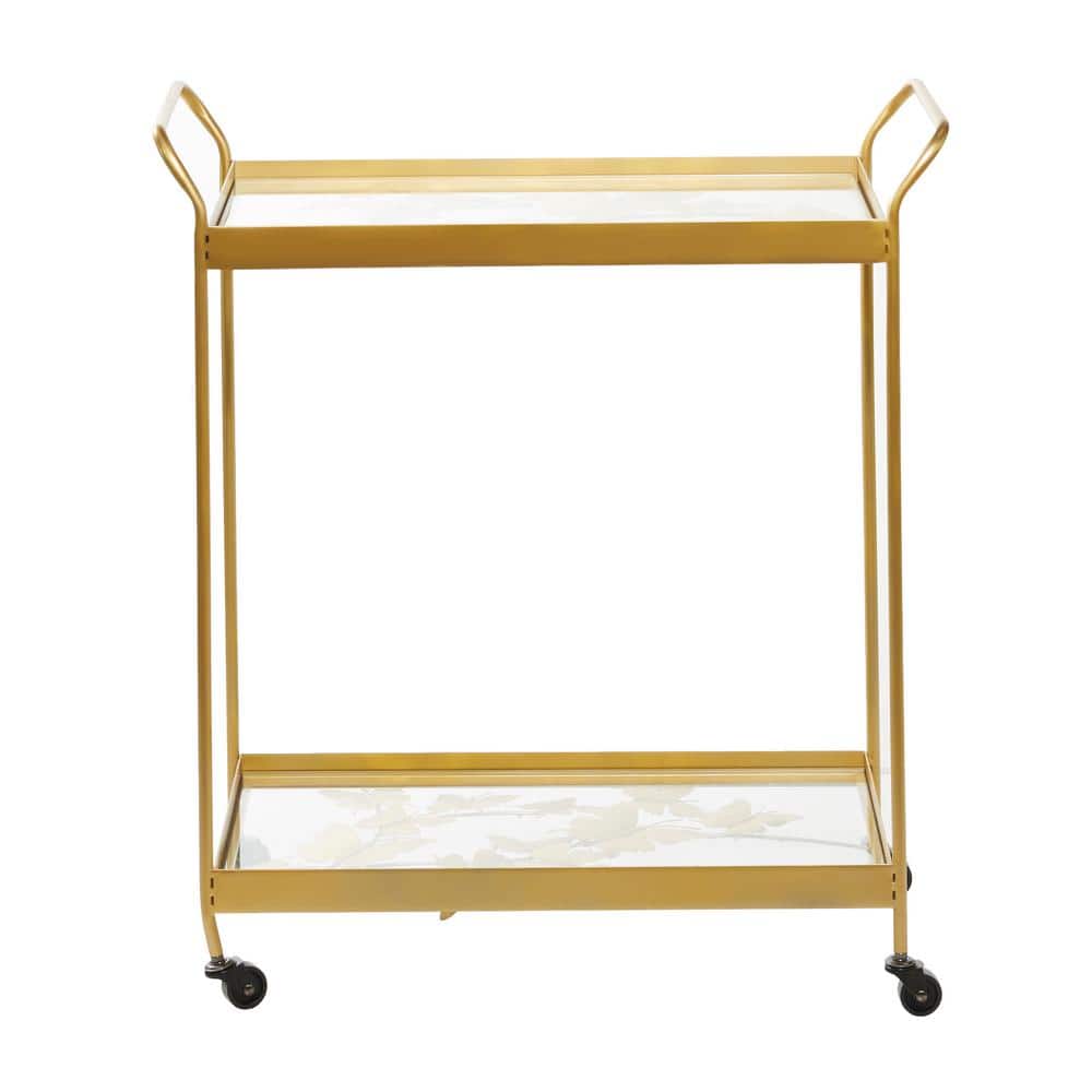 Sleek Gold Contemporary Rectangular Bar Cart with Glass Shelves