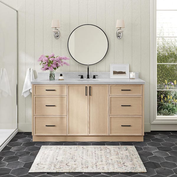 ARIEL Kelly 66 in. Single Sink Freestanding Bathroom Vanity in White Oak with Carrara White Marble Top