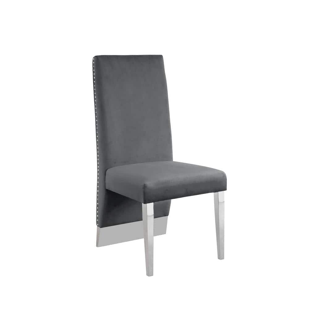 Dark Grey Velvet Upholstered Side Chair with Wood and Metal Frame