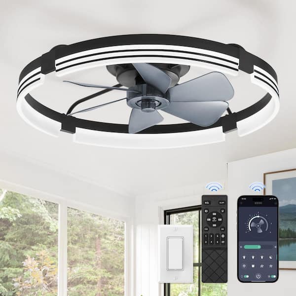 24 in. indoor Black Dimmable Fandelier LED Flush Mount Low Profile Ceiling Fan with Light and Remote Control for Bedroom
