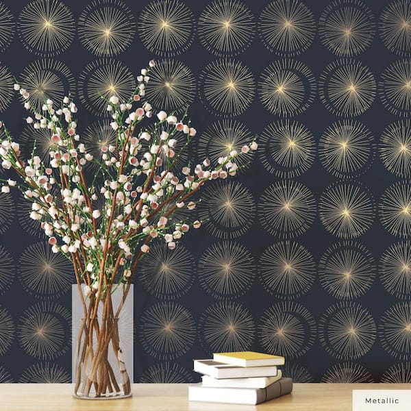 Midnight and Metallic Gold Goodbye Moon Vinyl Peel and Stick Wallpaper Roll (28 sq. ft.)