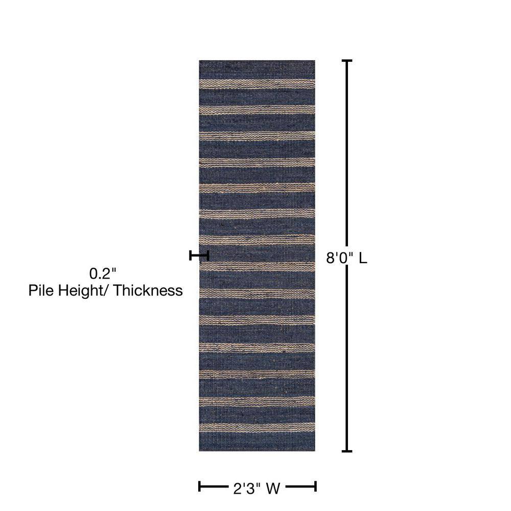 Navy and Beige Handwoven Jute Stripe Runner Rug