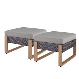 Rectangular Framed 2-Pack Wicker Outdoor Ottoman Steel Frame Footstool with Removable Gray Cushions