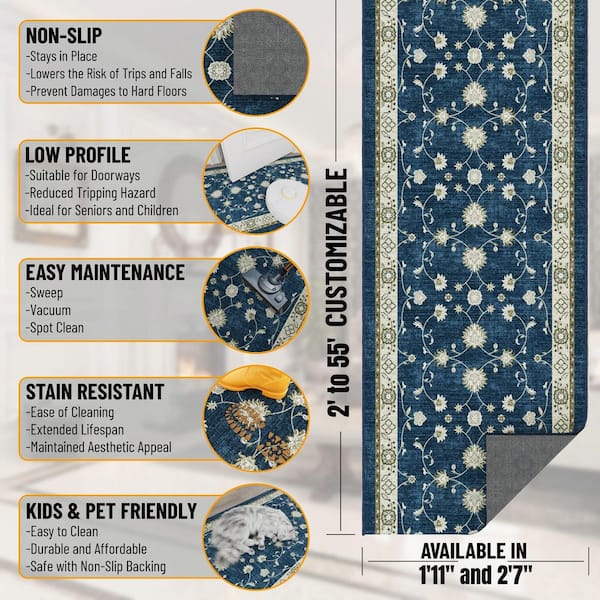 Ascend Non-Slip Rubberback 2 ft. x 9 ft. Indoor Custom Cut Extra Long Runner Rug 1 ft. 11 in. x 9 ft., Navy Mahal