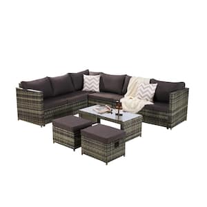 Brown Wicker Patio Conversation Set with Brown Cushions (7-Piece )