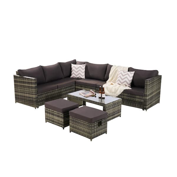 maocao hoom Brown Wicker Patio Conversation Set with Brown Cushions (7-Piece )