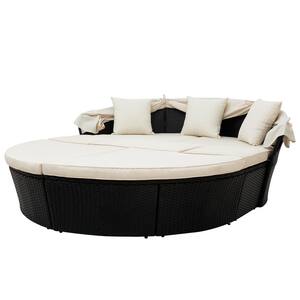 Plato Rattan Outdoor Daybed Sunbed with Retractable Canopy Black Wicker Furniture with Beige Cushions