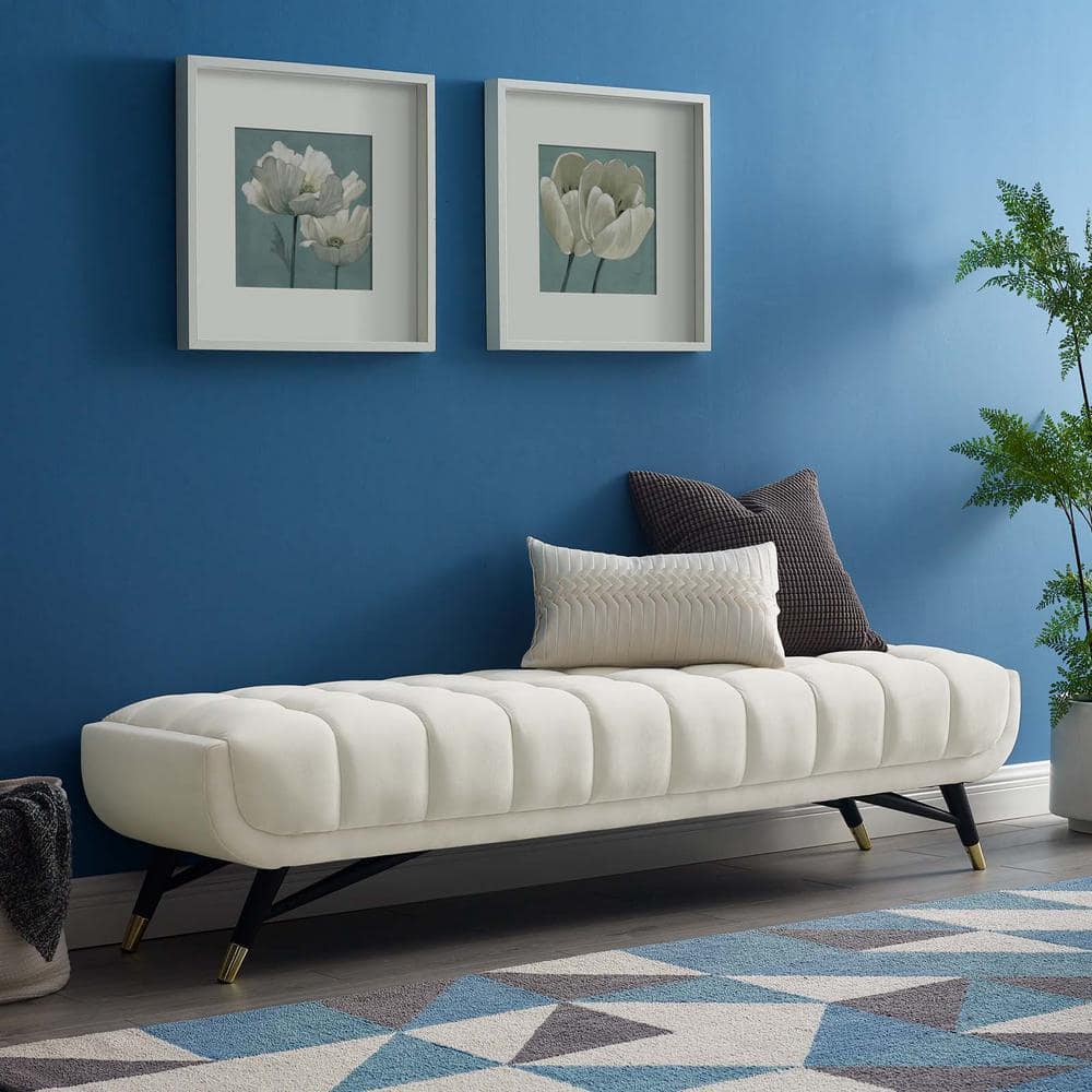Adept 73" Ivory Velvet Tufted Bench with Black Birchwood Frame