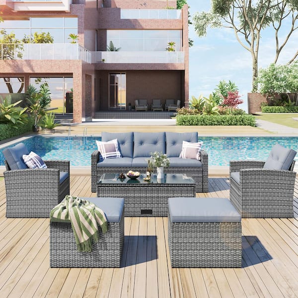 Zeus & Ruta 6-Piece Wicker PE Rattan Patio Outdoor Dining Conversation Sectional Set with Coffee Table Grey Cushion