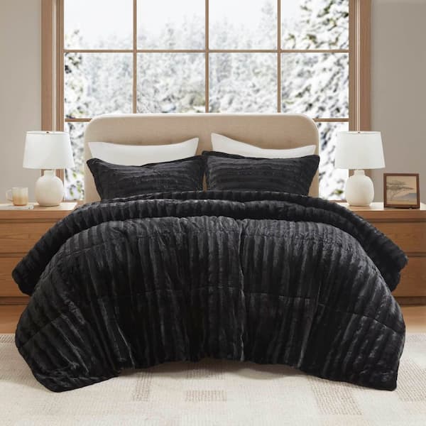 York Polyester Black Faux Fur Full/Queen Comforter Set