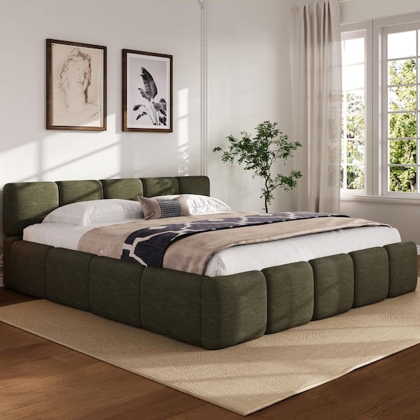 Green Wood Frame King Size Upholstered Platform Bed with Boucle Thick Headboard and Footboard, Block Style