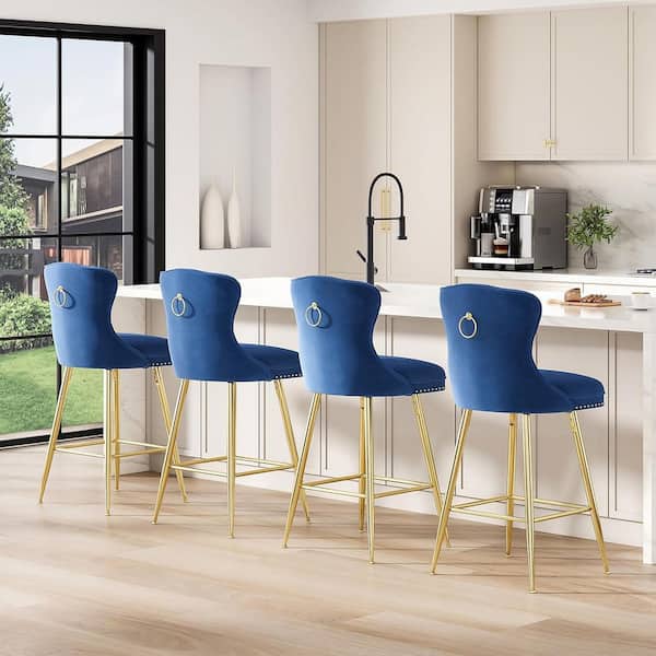 Lirago Blue Velvet Counter Height Bar Stool with Metal Legs (Set of 2)