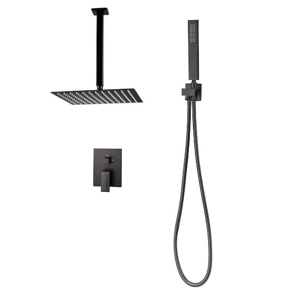 12 in. Shower Faucet Set, Square Rainfall Shower Head and Handheld Spray, Matte Black Ceiling-Mount with Brass Valve