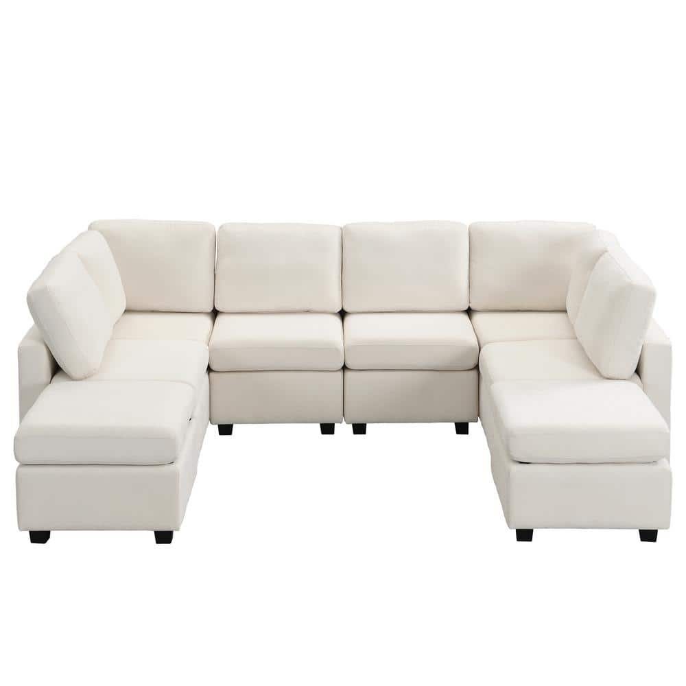 103" Beige Chenille Fabric Sectional Sofa with Ottoman