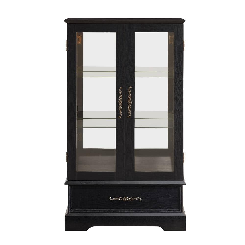 Black 47.44 in. Lighted Glass Curio Cabinet with 2 Adjustable Shelves and Built-in Drawer durable construction