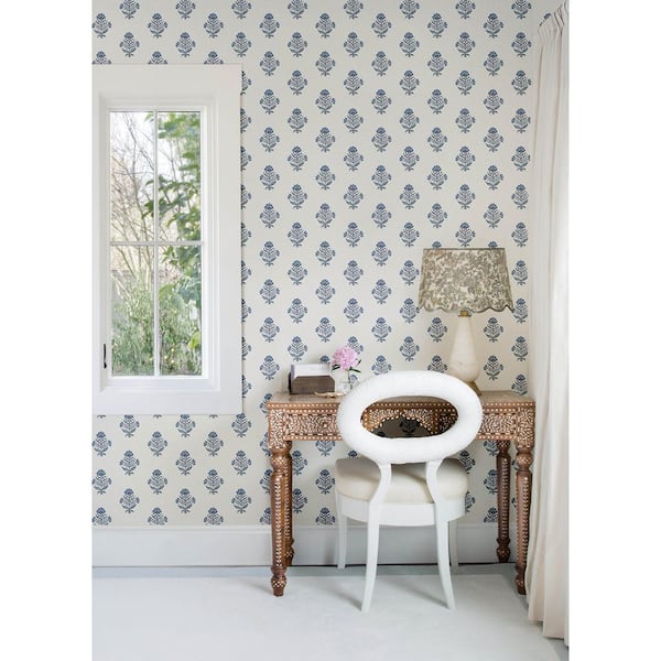 Hollyhock Blue Floral Crest Wallpaper