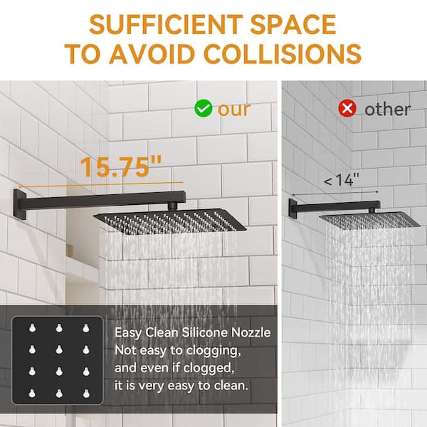 BWE - Rainfall 2-Handle 2-Spray 12 in. Square High Pressure Shower Faucet in Matte Black (Valve Included)