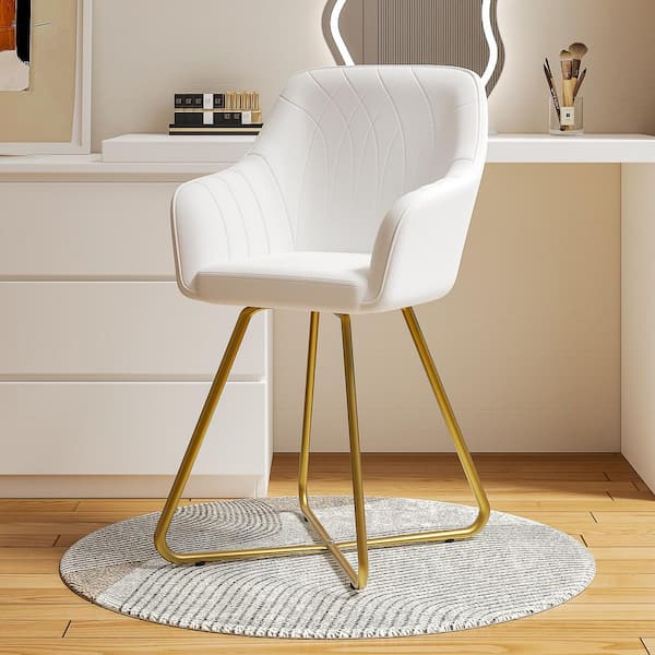 Upholstered Mid-Century Accent Chair with Gold Frame, White PU Leather Vanity Makeup Chair for Living Room or Bedroom