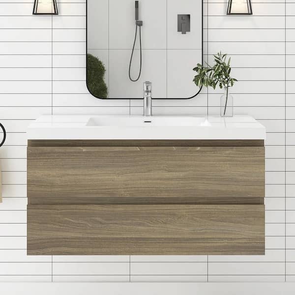JimsMaison 42 in. W x 20 in. D x 22 in. H Single Sink Floating Bath Vanity in Ash Grey with Glossy White Resin Top