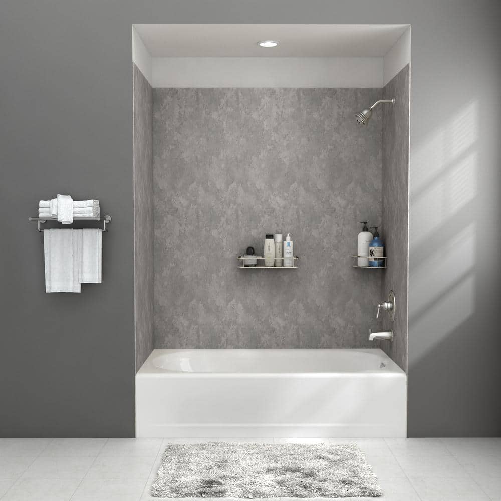 Passage 32 in. x 60 in. 4-Piece Glue-Up Alcove Bath Wall in Gray Concrete