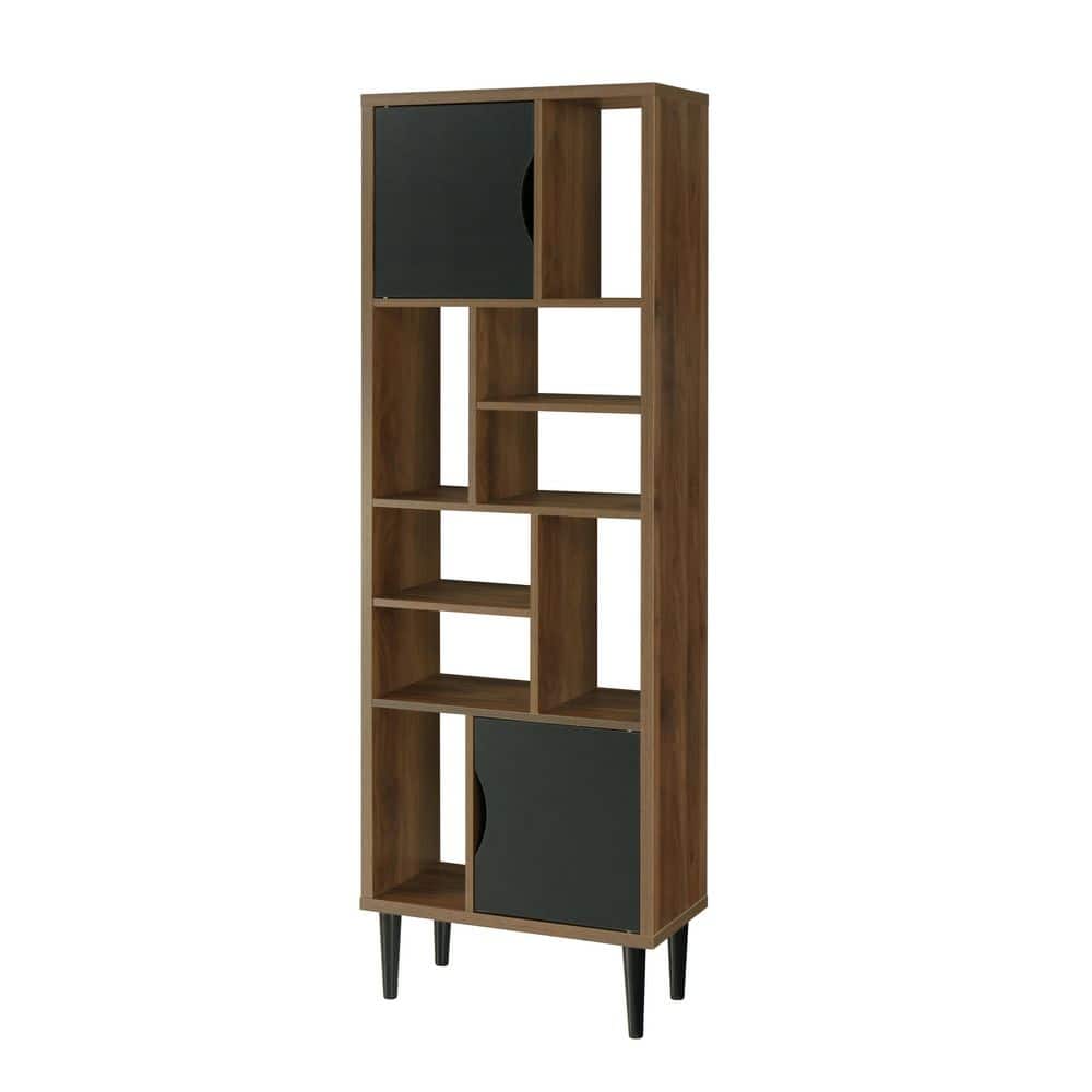 Tall Black and Danish Walnut Wood Bookcase with Doors