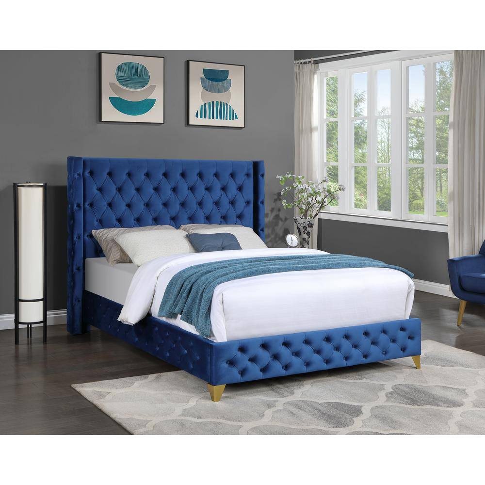 King Blue Velvet Upholstered Platform Bed with Tufted Headboard