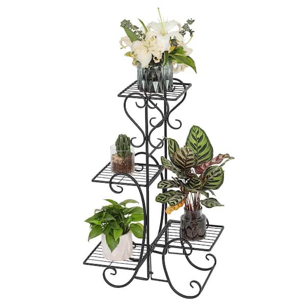 Flower Holder Racks Metal Flower Display Stand Outdoor Garden Plant Holder with 4 Tier Shelves for Indoor Black